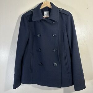 JCP Women's Large Navy Blue Pea Coat With Nautical Theme Buttons Shipman Classic